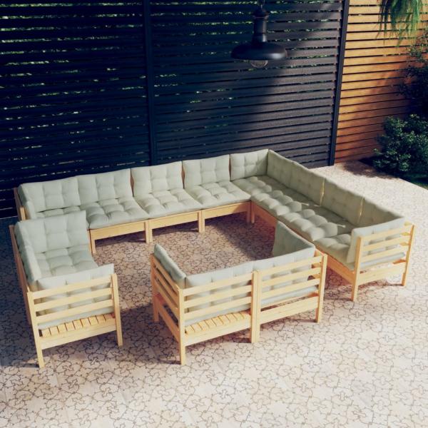 ARDEBO.de - 12-tlg. Garten-Lounge-Set mit Creme Kissen Massivholz Kiefer