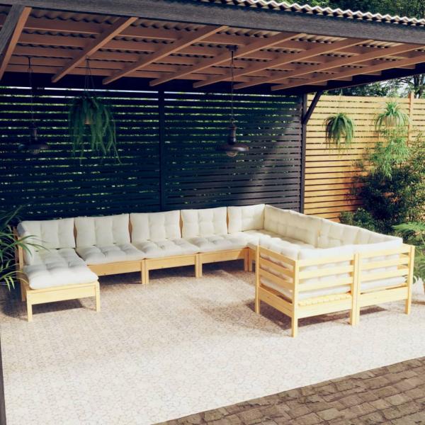 ARDEBO.de - 10-tlg. Garten-Lounge-Set mit Creme Kissen Kiefernholz