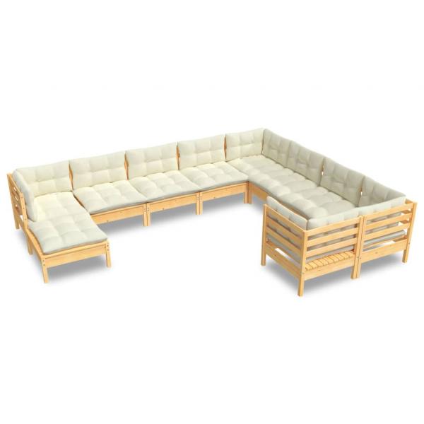 10-tlg. Garten-Lounge-Set mit Creme Kissen Kiefernholz