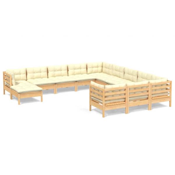 12-tlg. Garten-Lounge-Set mit Creme Kissen Kiefernholz