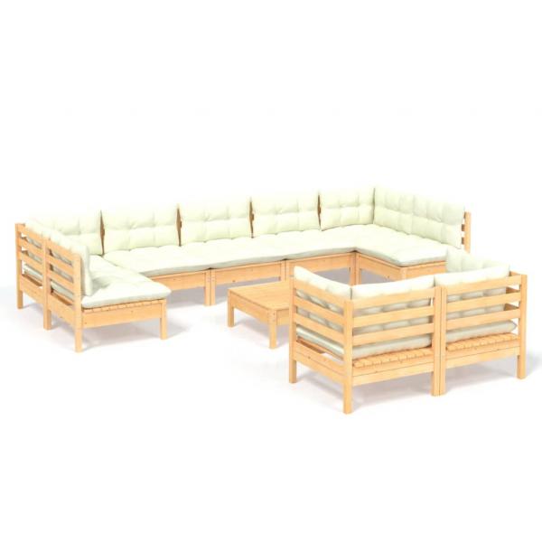 10-tlg. Garten-Lounge-Set mit Creme Kissen Massivholz Kiefer