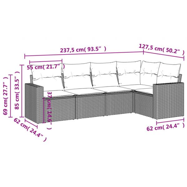 5-tlg. Garten-Sofagarnitur mit Kissen Grau Poly Rattan