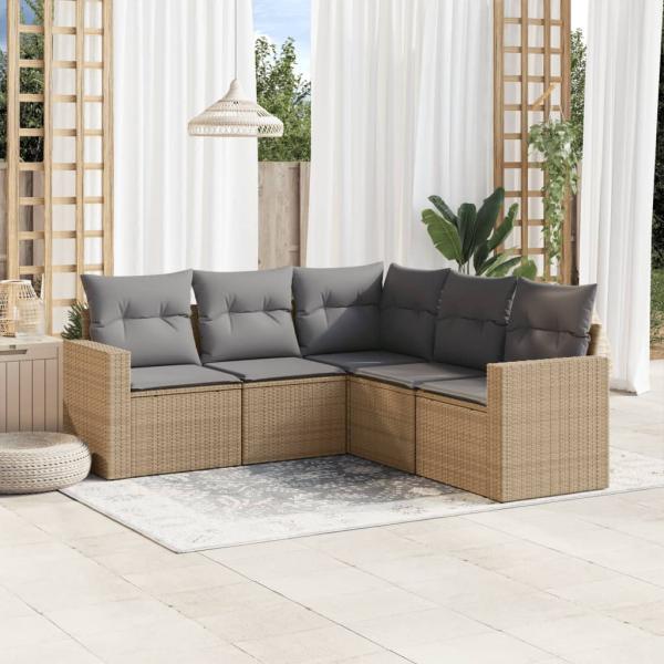 ARDEBO.de - 5-tlg. Garten-Sofagarnitur mit Kissen Beige Poly Rattan