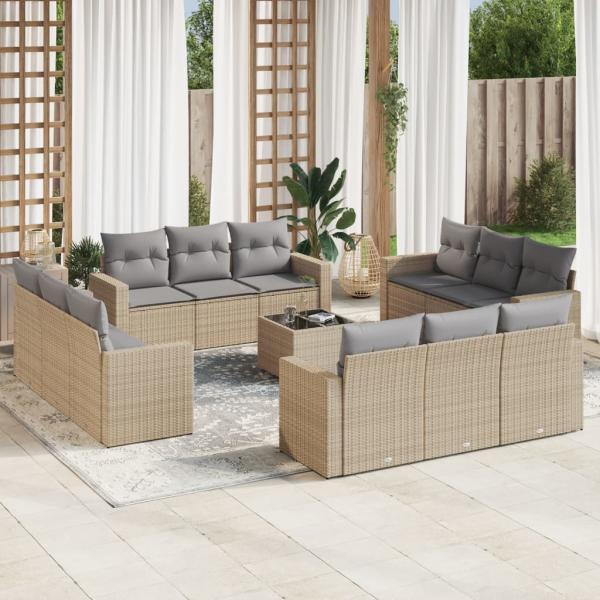 ARDEBO.de - 13-tlg. Garten-Sofagarnitur mit Kissen Beige Poly Rattan