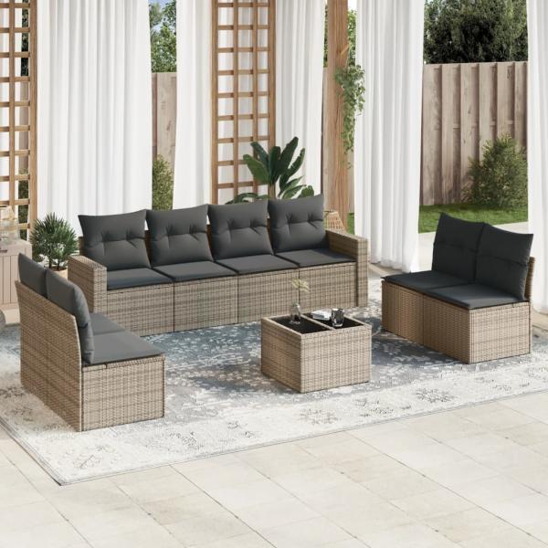 ARDEBO.de - 9-tlg. Garten-Sofagarnitur mit Kissen Beige Poly Rattan