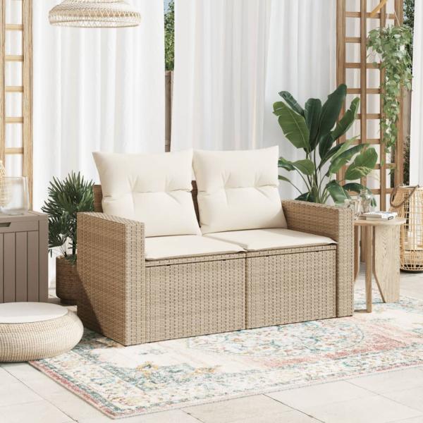 Gartensofa mit Kissen 2-Sitzer Beige Poly Rattan