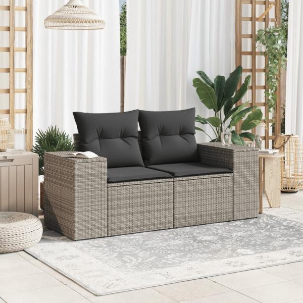 Gartensofa 2-Sitzer mit Kissen Grau Poly Rattan