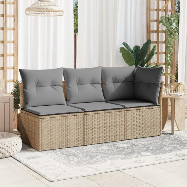 Gartensofa mit Kissen 3-Sitzer Beige Poly Rattan