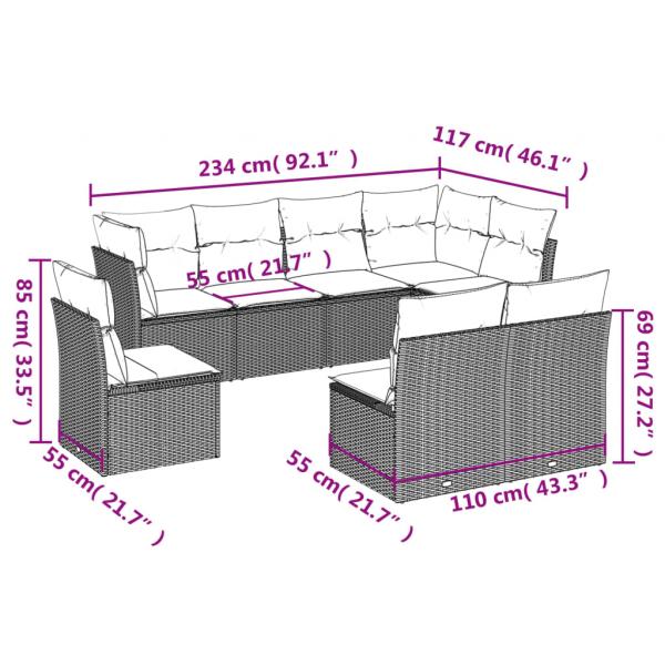 8-tlg. Garten-Sofagarnitur mit Kissen Schwarz Poly Rattan