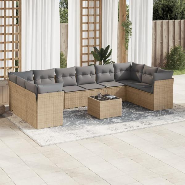 ARDEBO.de - 11-tlg. Garten-Sofagarnitur mit Kissen Beige Poly Rattan