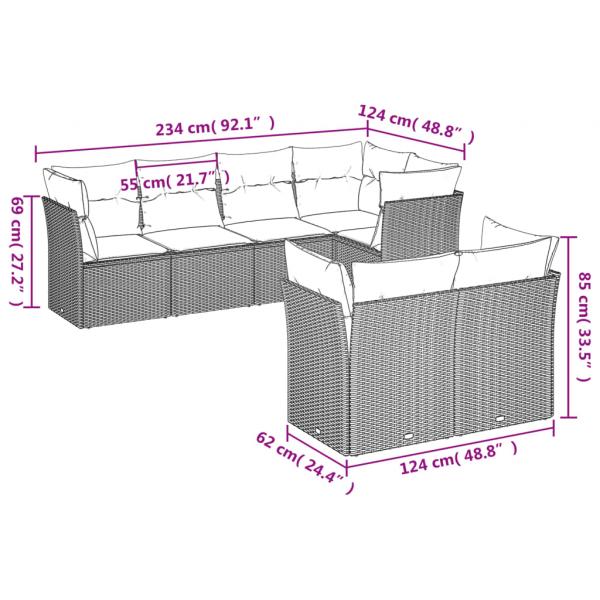 7-tlg. Garten-Sofagarnitur mit Kissen Grau Poly Rattan