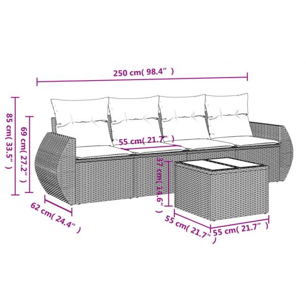 5-tlg. Garten-Sofagarnitur mit Kissen Schwarz Poly Rattan