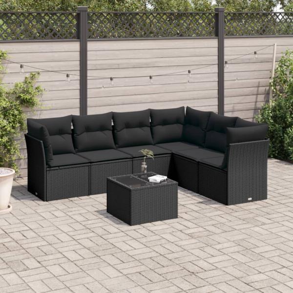 ARDEBO.de - 7-tlg. Garten-Sofagarnitur mit Kissen Schwarz Poly Rattan