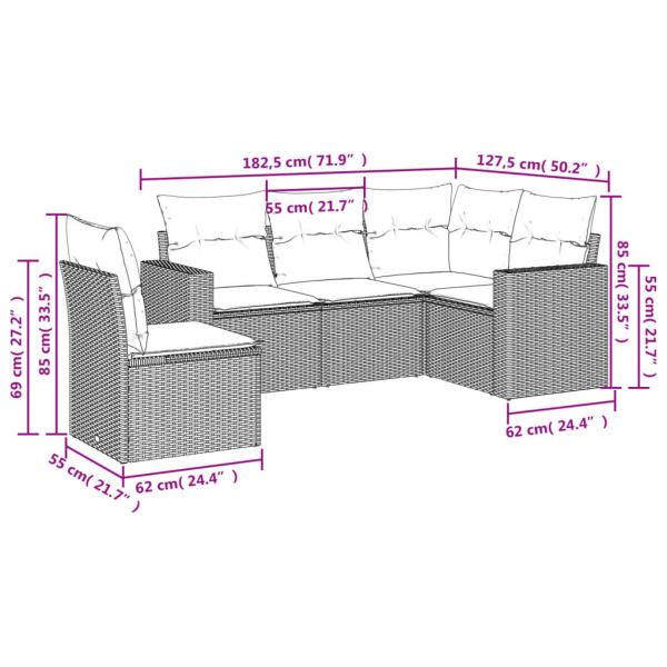 5-tlg. Garten-Sofagarnitur mit Kissen Grau Poly Rattan