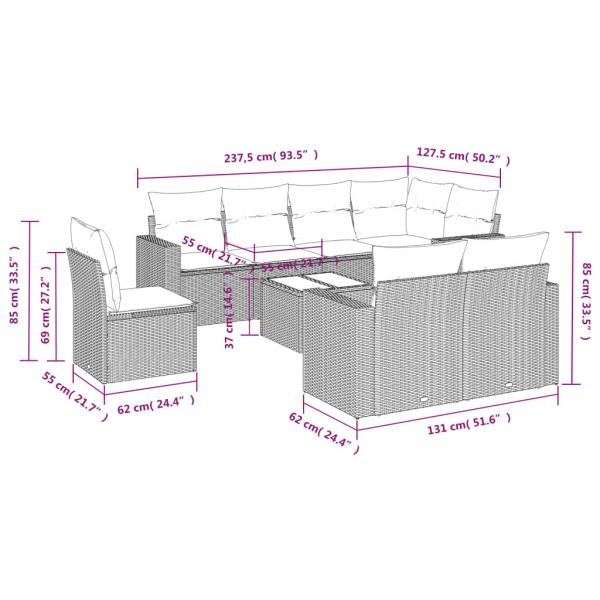 9-tlg. Garten-Sofagarnitur mit Kissen Schwarz Poly Rattan