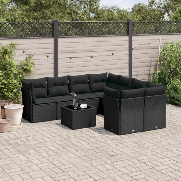 ARDEBO.de - 9-tlg. Garten-Sofagarnitur mit Kissen Schwarz Poly Rattan