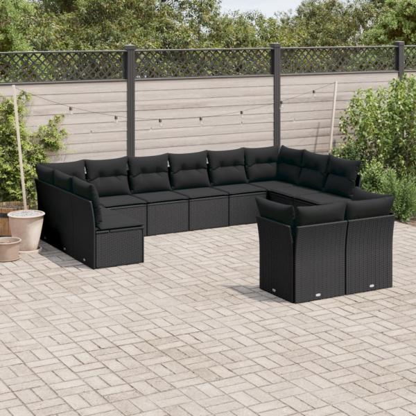 ARDEBO.de - 12-tlg. Garten-Sofagarnitur mit Kissen Schwarz Poly Rattan