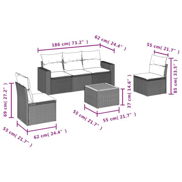 6-tlg. Garten-Sofagarnitur mit Kissen Grau Poly Rattan