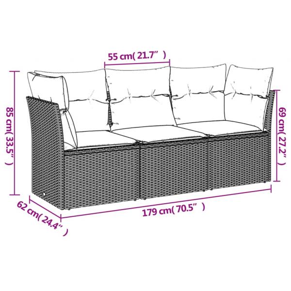 3-tlg. Garten-Sofagarnitur mit Kissen Grau Poly Rattan