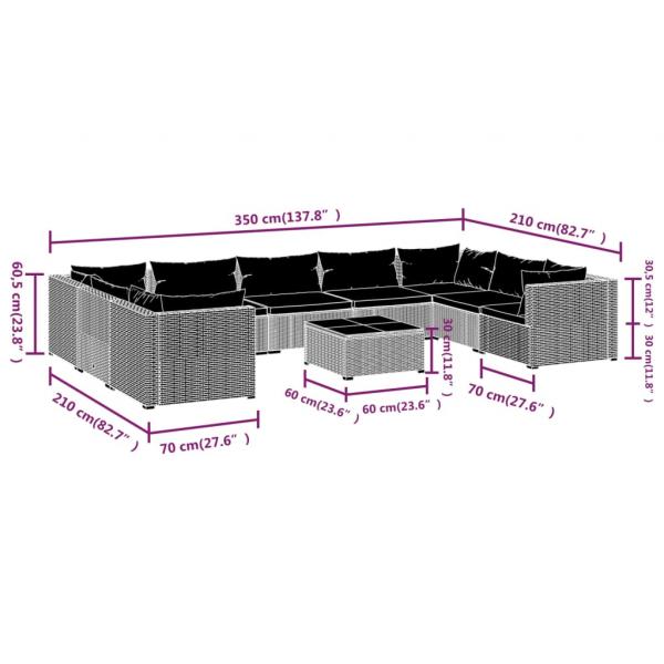 10-tlg. Garten-Lounge-Set mit Kissen Poly Rattan Braun