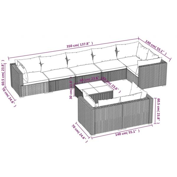 9-tlg. Garten-Lounge-Set mit Kissen Braun Poly Rattan