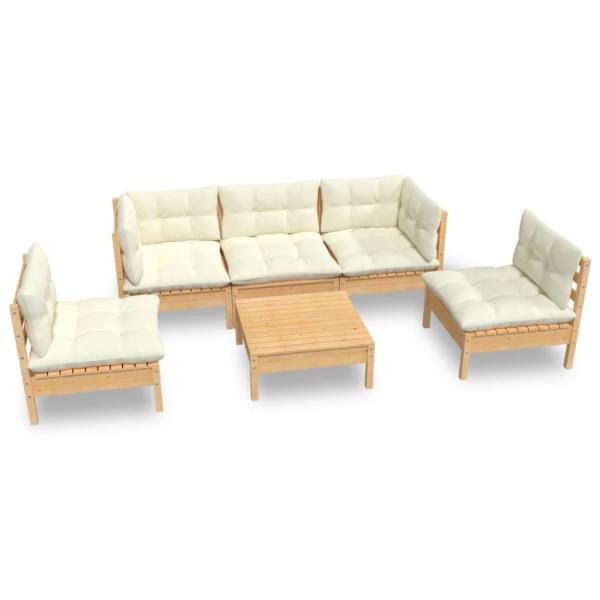 6-tlg. Garten-Lounge-Set mit Creme Kissen Massivholz Kiefer