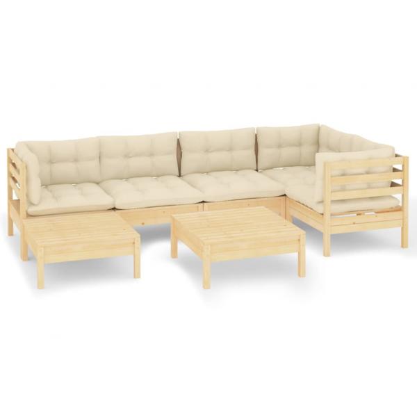 7-tlg. Garten-Lounge-Set mit Creme Kissen Massivholz Kiefer