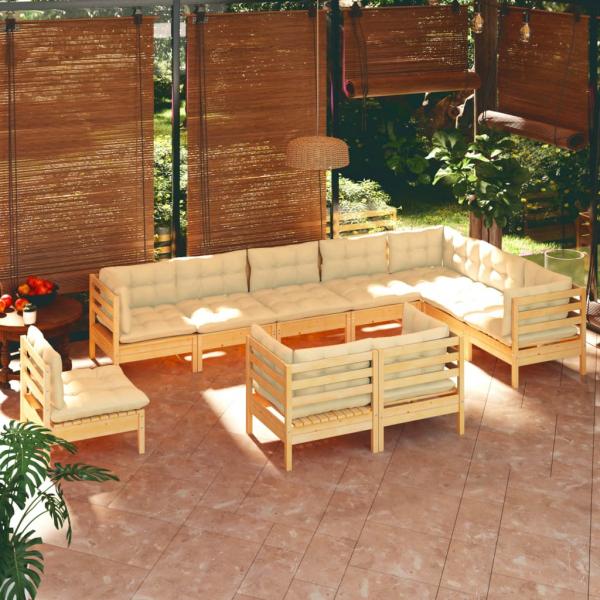 ARDEBO.de - 10-tlg. Garten-Lounge-Set mit Creme Kissen Massivholz Kiefer