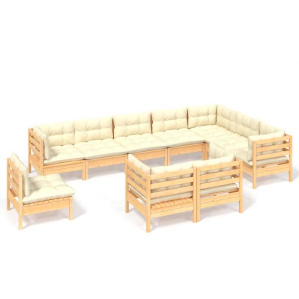 10-tlg. Garten-Lounge-Set mit Creme Kissen Massivholz Kiefer