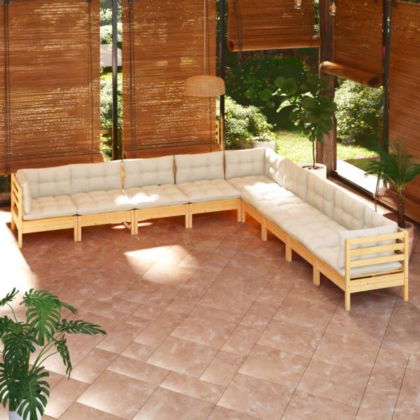 ARDEBO.de - 9-tlg. Garten-Lounge-Set mit Creme Kissen Massivholz Kiefer