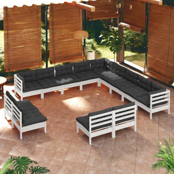 ARDEBO.de - 13-tlg. Garten-Lounge-Set mit Kissen Weiß Massivholz Kiefer