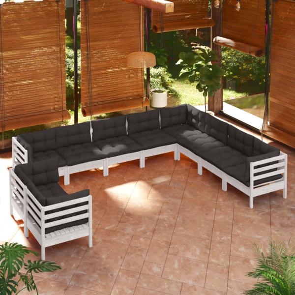 ARDEBO.de - 10-tlg. Garten-Lounge-Set mit Kissen Weiß Massivholz Kiefer