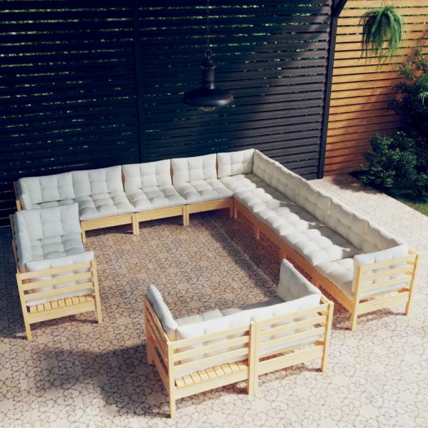 ARDEBO.de - 13-tlg. Garten-Lounge-Set mit Creme Kissen Massivholz Kiefer