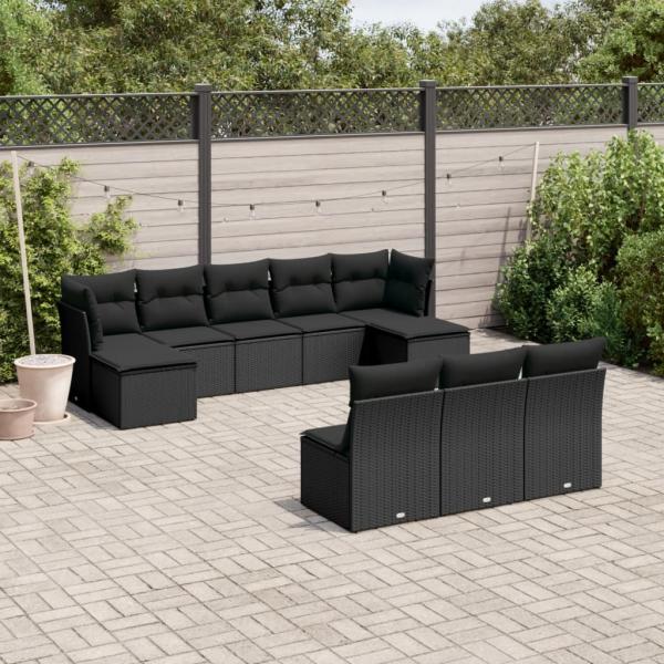 ARDEBO.de - 10-tlg. Garten-Sofagarnitur mit Kissen Schwarz Poly Rattan