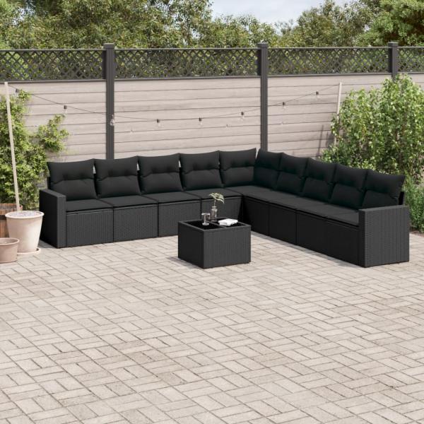 ARDEBO.de - 10-tlg. Garten-Sofagarnitur mit Kissen Schwarz Poly Rattan