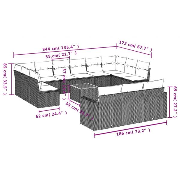 14-tlg. Garten-Sofagarnitur mit Kissen Schwarz Poly Rattan