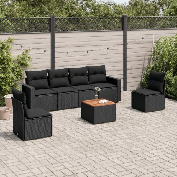 ARDEBO.de - 7-tlg. Garten-Sofagarnitur mit Kissen Schwarz Poly Rattan