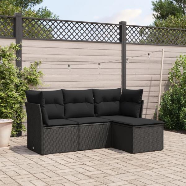 ARDEBO.de - 4-tlg. Garten-Sofagarnitur mit Kissen Schwarz Poly Rattan