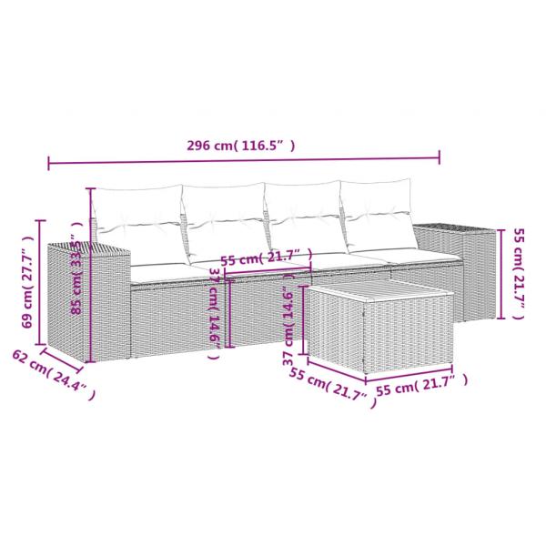 5-tlg. Garten-Sofagarnitur mit Kissen Grau Poly Rattan