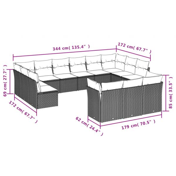 13-tlg. Garten-Sofagarnitur mit Kissen Grau Poly Rattan