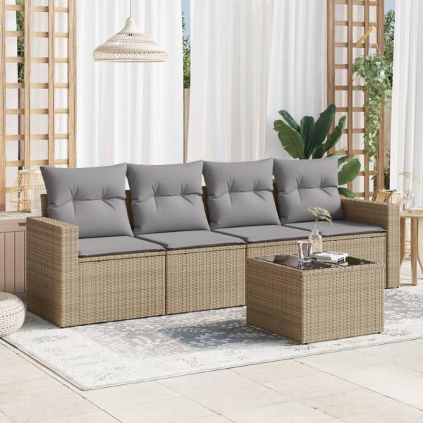 ARDEBO.de - 5-tlg. Garten-Sofagarnitur mit Kissen Beige Poly Rattan