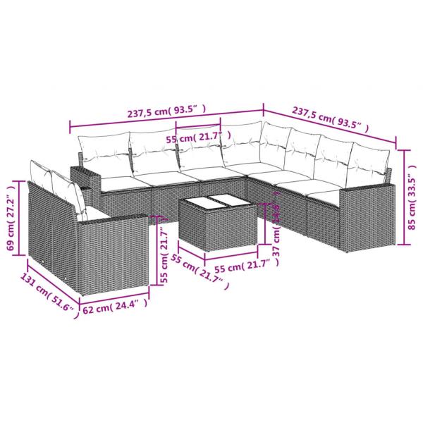 10-tlg. Garten-Sofagarnitur mit Kissen Schwarz Poly Rattan