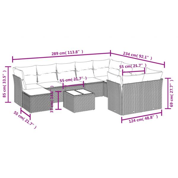 11-tlg. Garten-Sofagarnitur mit Kissen Schwarz Poly Rattan