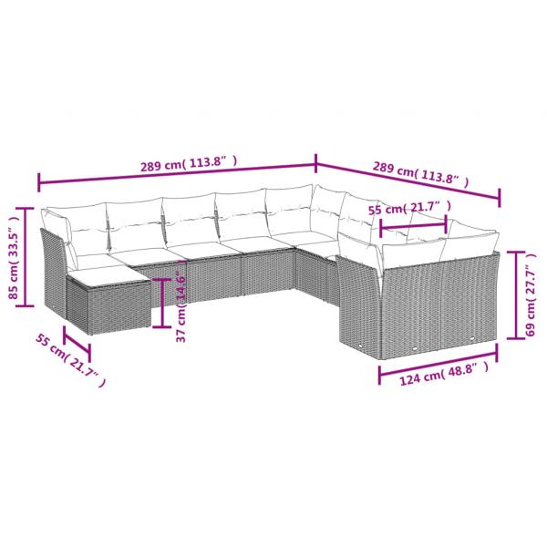 11-tlg. Garten-Sofagarnitur mit Kissen Schwarz Poly Rattan