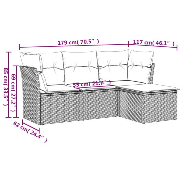 4-tlg. Garten-Sofagarnitur mit Kissen Grau Poly Rattan