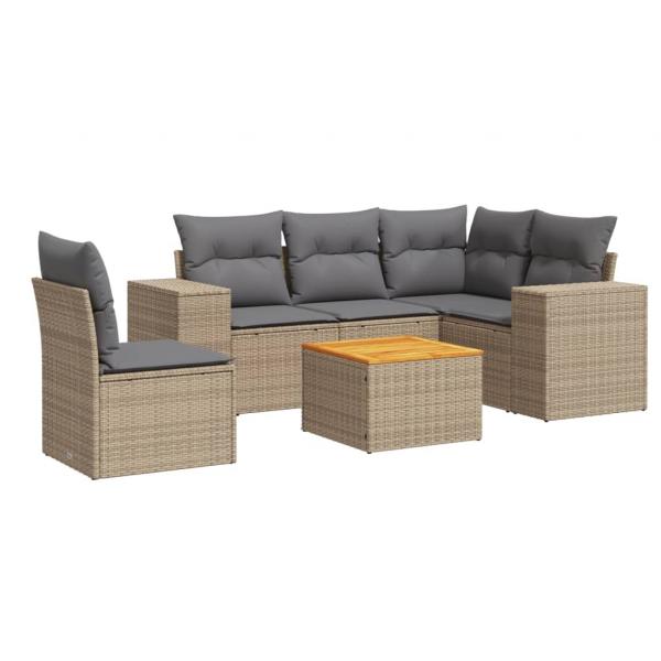 6-tlg. Garten-Sofagarnitur mit Kissen Beige Poly Rattan