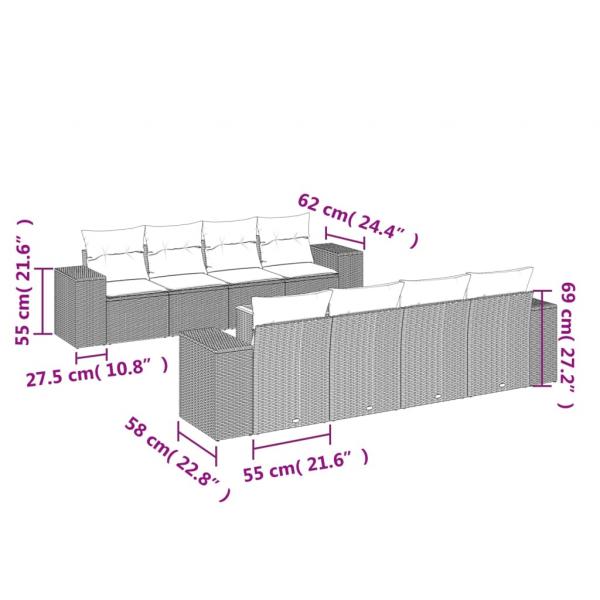 9-tlg. Garten-Sofagarnitur mit Kissen Grau Poly Rattan