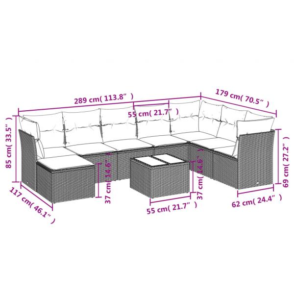 9-tlg. Garten-Sofagarnitur mit Kissen Schwarz Poly Rattan