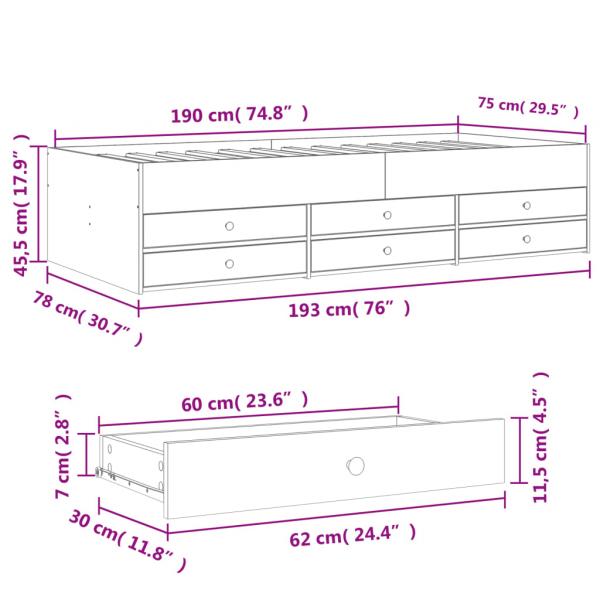 Tagesbett mit Schubladen Grau Sonoma 75x190 cm Holzwerkstoff