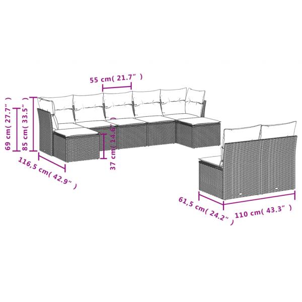 9-tlg. Garten-Sofagarnitur mit Kissen Grau Poly Rattan